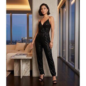 Express Black Sequin Sleeveless V-Neck Jumpsuit size L  With Adjustable Straps &